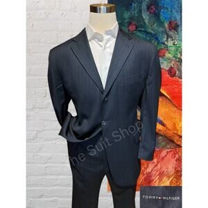 Tommy Hilfiger 44R 34x28 Navy Blue with Royal Cobalt Stripe 2-Piece Suit